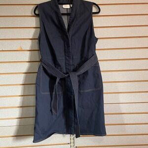 Chico's Denim Vest Dress Size 1 Sleeveless Belted Midi Blue Pockets